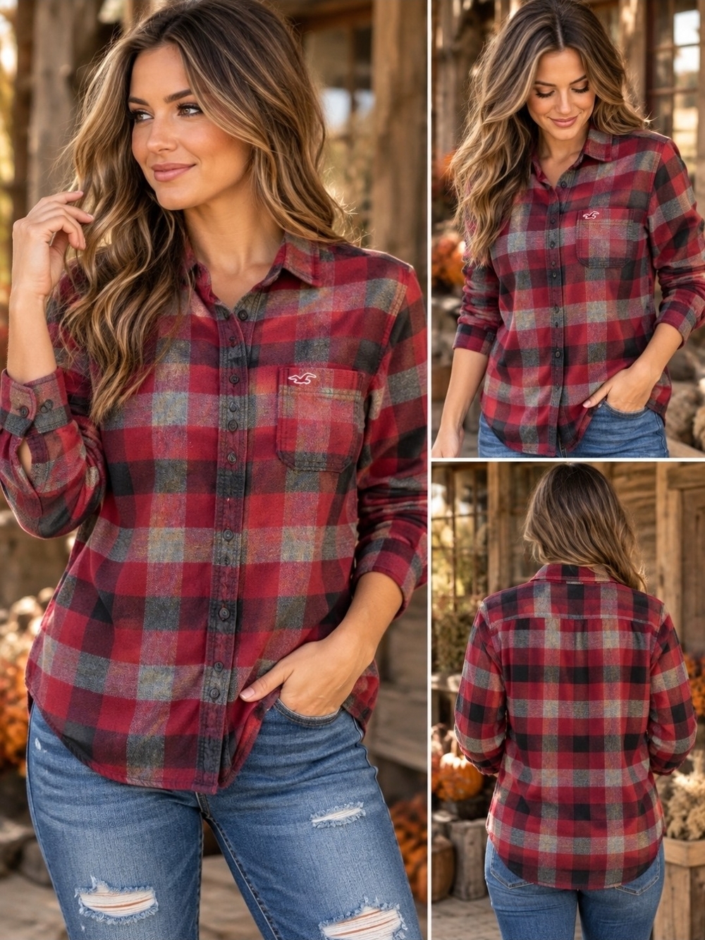 Hollister Women's Red and Gray Plaid Button-Down Shirt